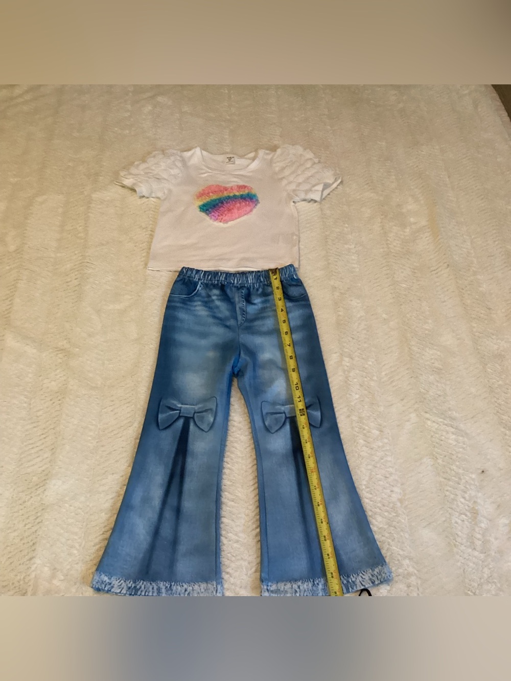 Little Girls White Rainbow Heart Sz 4 Wide Leg Jean Look Leggings Set
